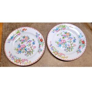 Vintage Minton Floral Bird Salad Plates Set Pink Blue Gold Trim Porcelain Cuckoo